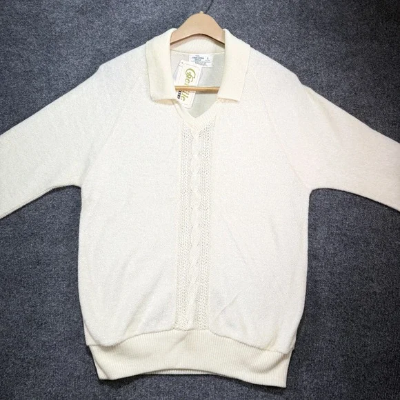 Vintage Zefran Chenille Terry Knit Sweater Mens Large Beige 80's Made in USA NOS - Picture 2 of 10